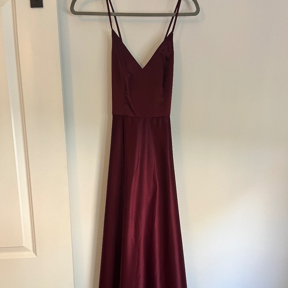 David's Bridal Spaghetti Strap Satin A-line Long Dress in Wine
